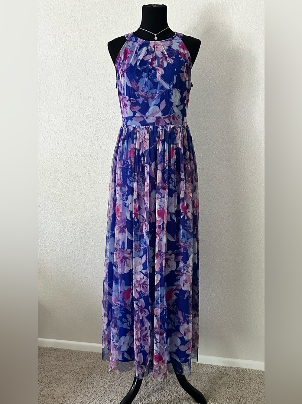 CANDALITE Blue Floral Chiffon Halter Maxi Dress Size M